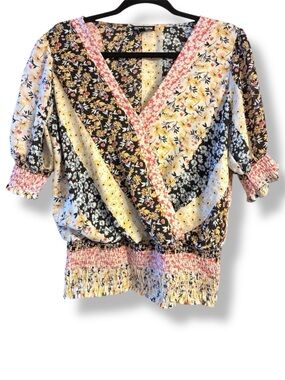 Secret Charm Floral Patchwork Surplice Blouse Size Large Boho Smocked Top EUC